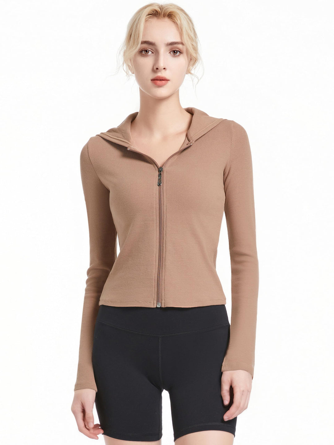 Abonlen Ribbed Hoodies for Women Lightweight Full Zip Up Jackets Long Sleeves Tops Fitted Cropped Sweatshirt(Light BrownLarge)