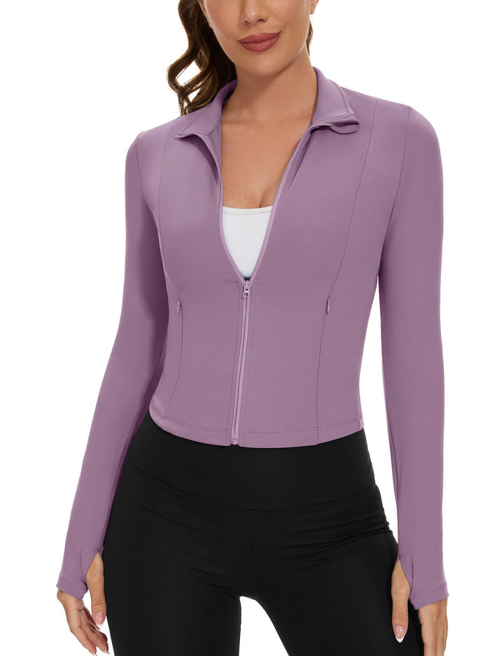 Loovoo Womens Cropped Workout Jacket Zip Up Athletic Jackets Slim Fit Lightweight Running Sports Track Jacket
